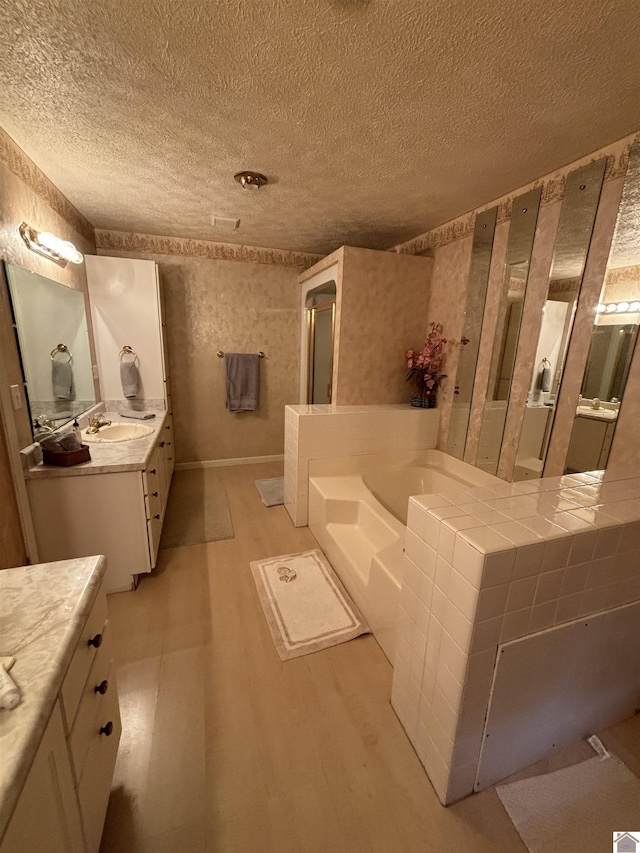 bathroom featuring a washtub, vanity, and wood-type flooring