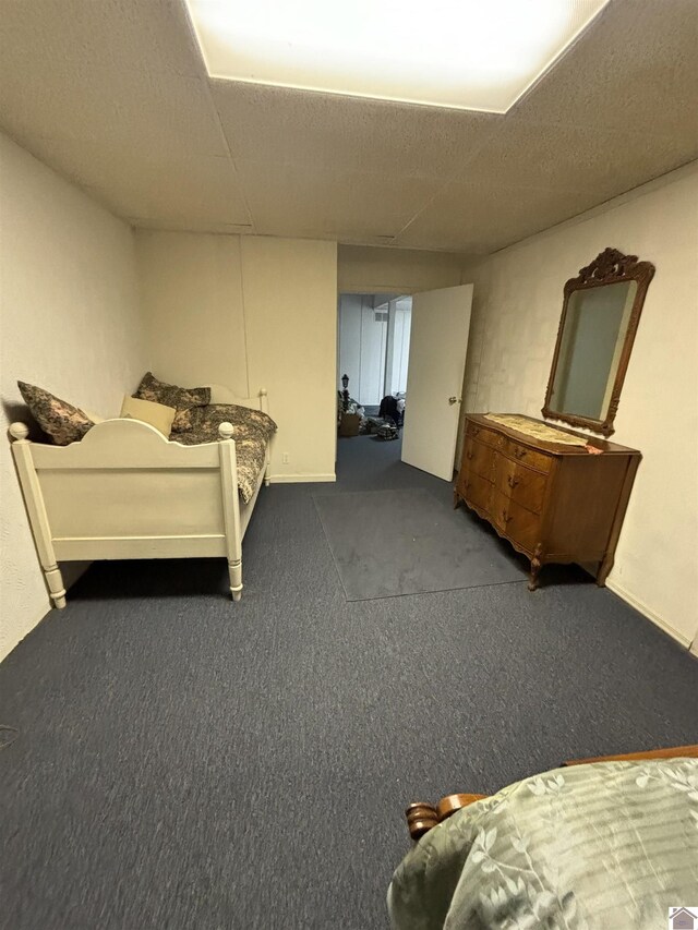 bedroom with dark colored carpet