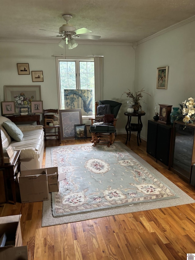 living room with crown molding, a textured ceiling, ceiling fan, and light wood-type flooring