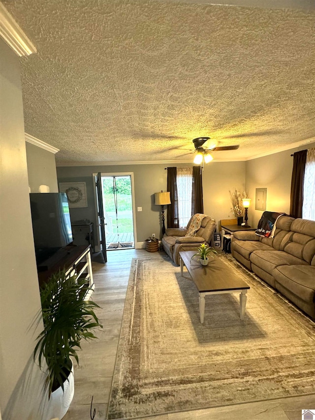 living room featuring light wood-type flooring, crown molding, a textured ceiling, and ceiling fan