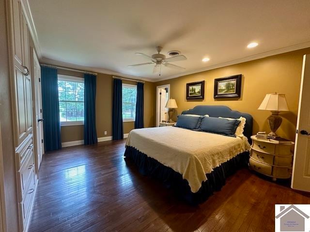 bedroom with dark hardwood / wood-style flooring, ornamental molding, and ceiling fan