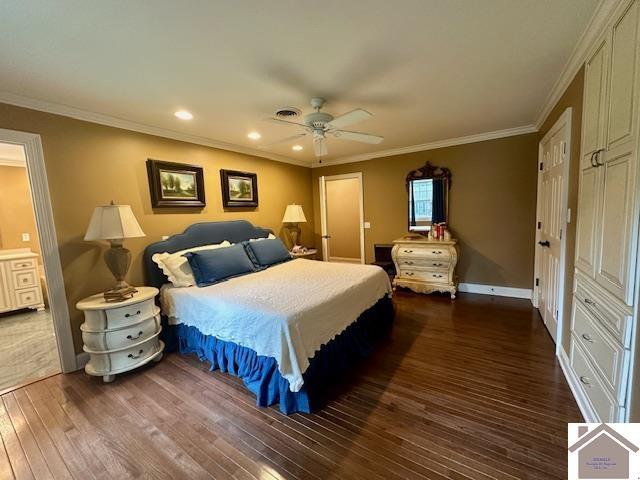 bedroom with dark wood finished floors, recessed lighting, ornamental molding, a ceiling fan, and baseboards