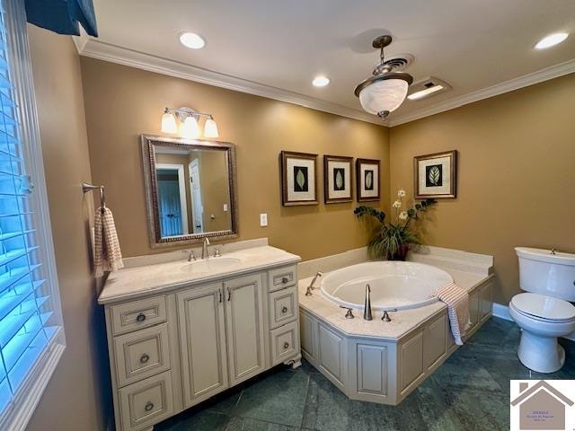 bathroom with a bath, toilet, vanity, tile patterned floors, and ornamental molding