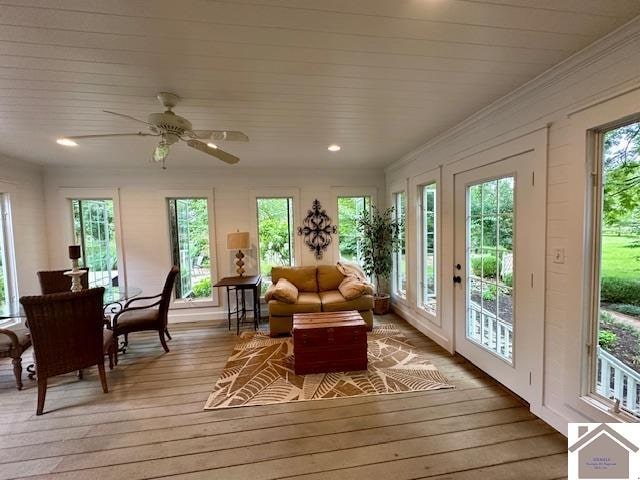 sunroom / solarium with french doors, ceiling fan, and plenty of natural light