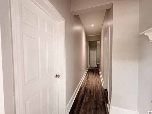 corridor featuring ornamental molding and dark hardwood / wood-style floors