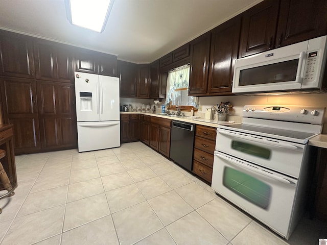 kitchen with white appliances, sink, dark brown cabinetry, crown molding, and light tile patterned flooring