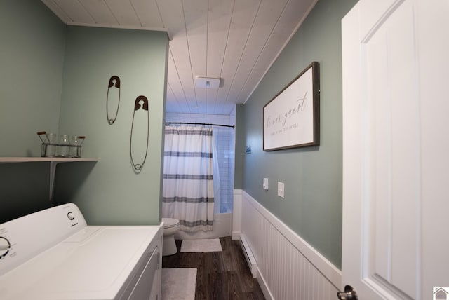 washroom with wood ceiling, dark hardwood / wood-style floors, and washer / dryer