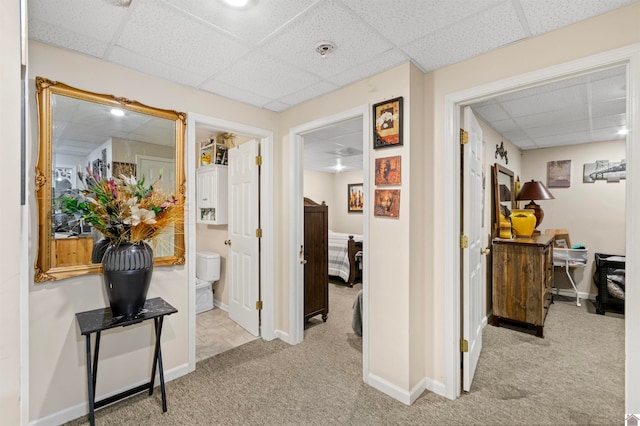 hallway featuring a drop ceiling and light colored carpet