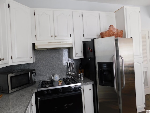 kitchen with stainless steel appliances, decorative backsplash, white cabinets, wood-type flooring, and range hood