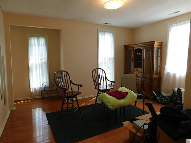 living area with hardwood / wood-style flooring and a wealth of natural light