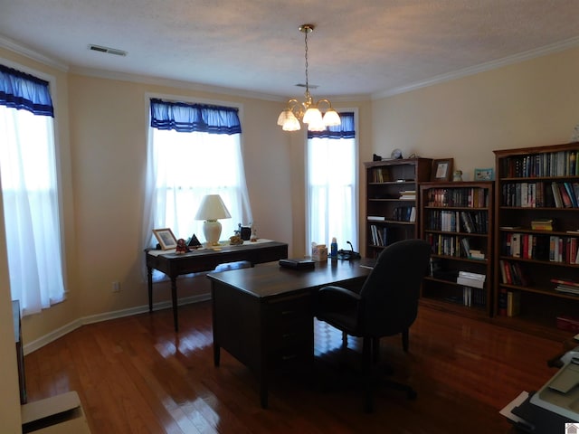 office featuring dark hardwood / wood-style floors, a chandelier, and ornamental molding