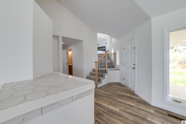 foyer entrance with wood-type flooring, a wealth of natural light, and lofted ceiling