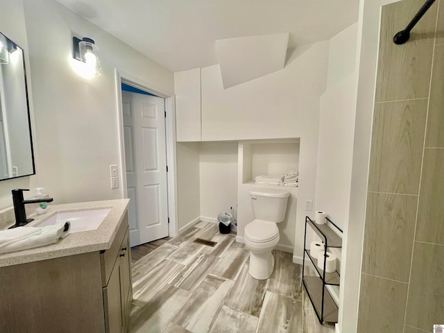 bathroom featuring toilet, vanity, and hardwood / wood-style flooring