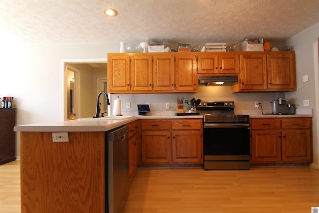 kitchen with kitchen peninsula, range with electric cooktop, dishwasher, light wood-type flooring, and sink