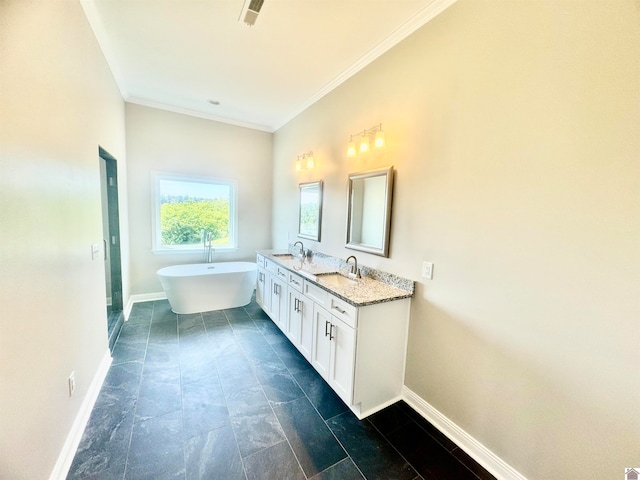 bathroom featuring dual vanity, a tub, tile patterned flooring, and ornamental molding