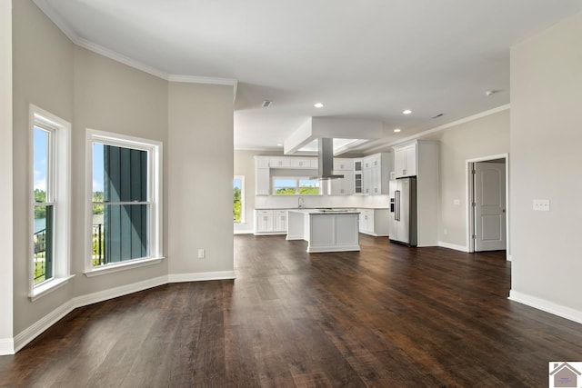 unfurnished living room with dark hardwood / wood-style floors, sink, and ornamental molding