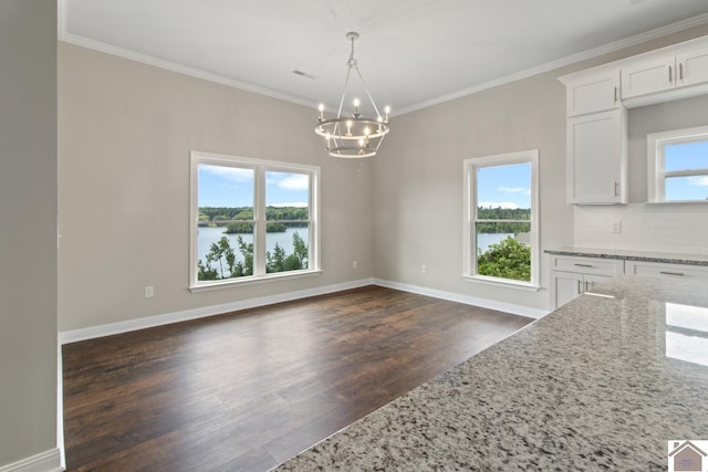 interior space with plenty of natural light, dark wood-type flooring, and a water view