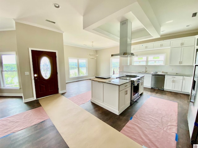 kitchen with appliances with stainless steel finishes, island range hood, white cabinetry, a kitchen island, and dark wood-type flooring