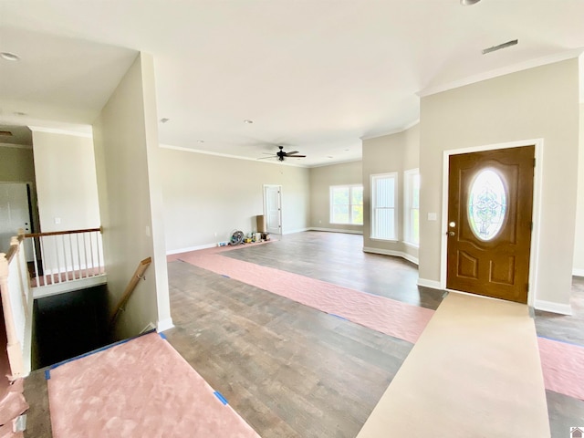 entrance foyer featuring ceiling fan, hardwood / wood-style floors, and ornamental molding