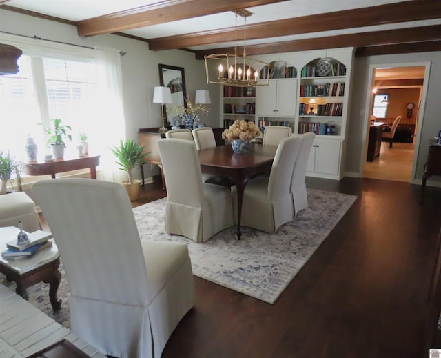 dining space with beam ceiling, a chandelier, built in features, and hardwood / wood-style floors