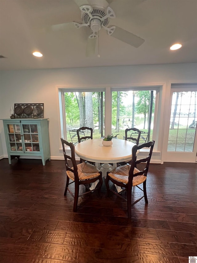 dining space with ceiling fan and dark hardwood / wood-style flooring