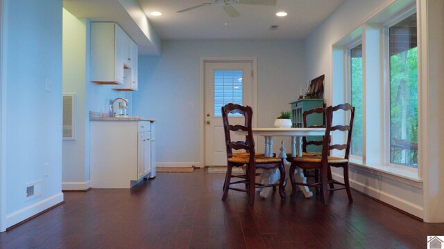 dining space with ceiling fan, sink, and dark hardwood / wood-style flooring