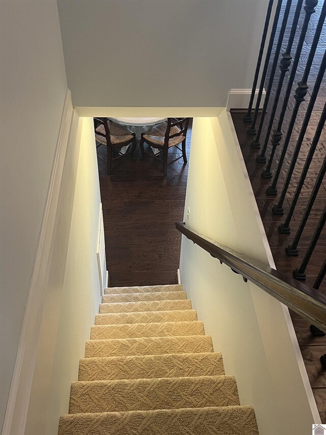 stairs featuring hardwood / wood-style floors