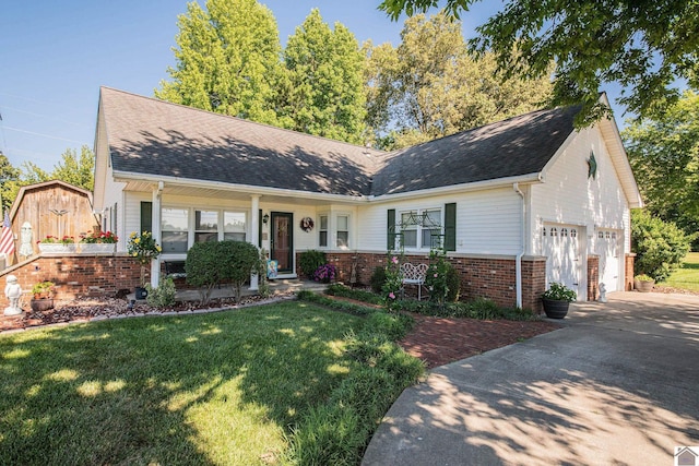 view of front of home with concrete driveway, brick siding, a front yard, and roof with shingles