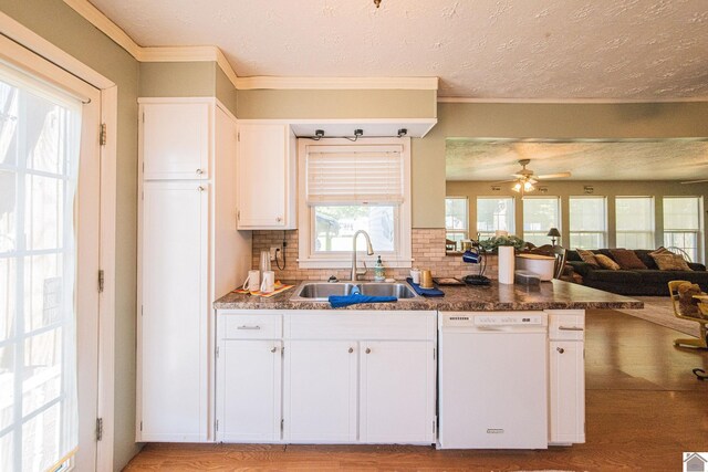 kitchen featuring light wood-type flooring, sink, dishwasher, and backsplash