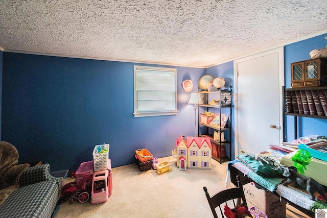 recreation room with a textured ceiling and carpet