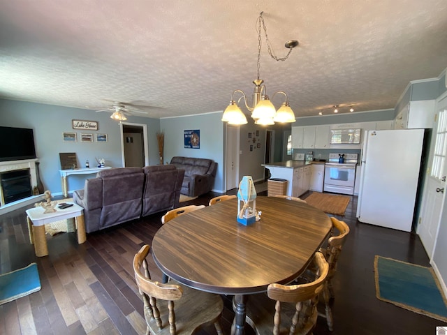 dining room featuring rail lighting, ceiling fan with notable chandelier, dark hardwood / wood-style floors, and a textured ceiling