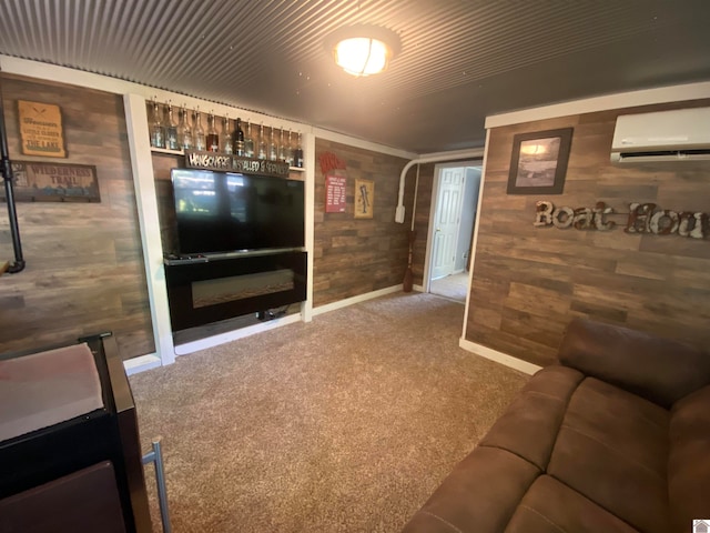 carpeted living room with wooden walls and an AC wall unit