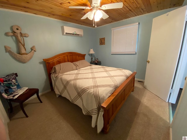 carpeted bedroom featuring ceiling fan, a wall mounted air conditioner, and wooden ceiling