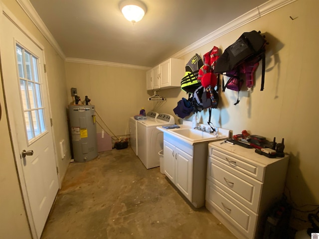 laundry room with ornamental molding, cabinets, water heater, and independent washer and dryer