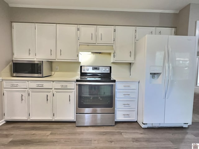 kitchen with stainless steel appliances, custom exhaust hood, wood-type flooring, and white cabinets