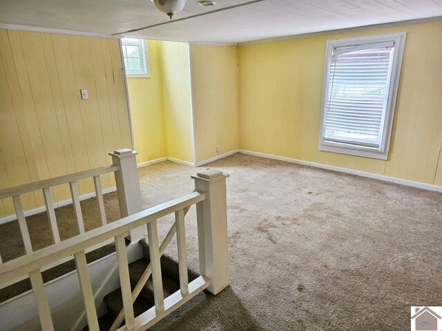 carpeted empty room featuring baseboards and wooden walls