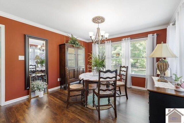 dining room featuring a notable chandelier, crown molding, and dark hardwood / wood-style floors