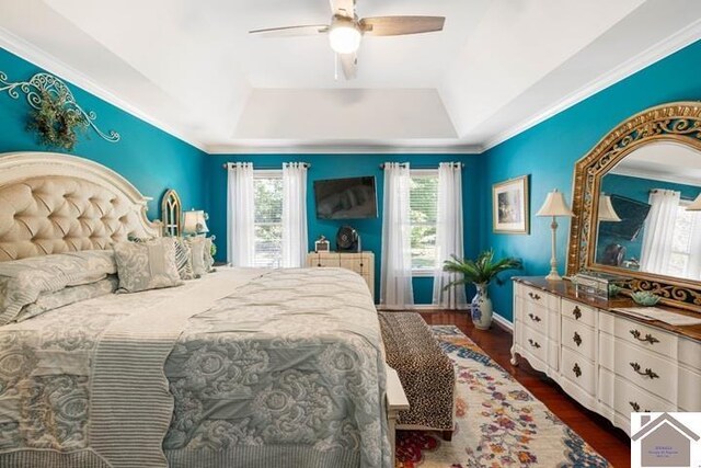 bedroom featuring a tray ceiling, ceiling fan, dark wood-type flooring, and ornamental molding