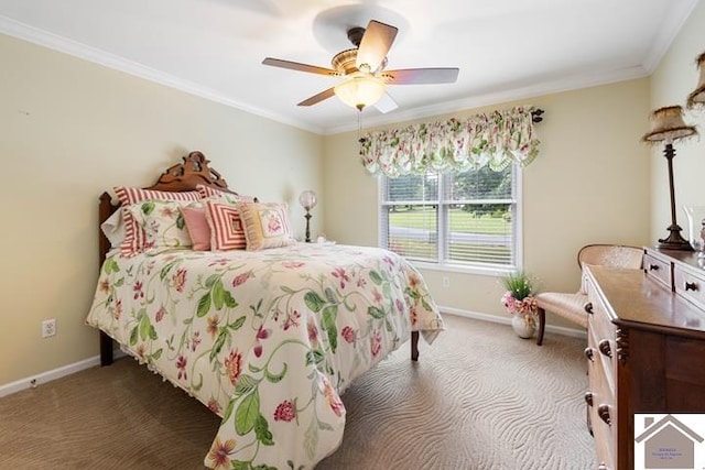 bedroom with ceiling fan, carpet floors, and crown molding