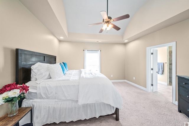 carpeted bedroom featuring ceiling fan and high vaulted ceiling