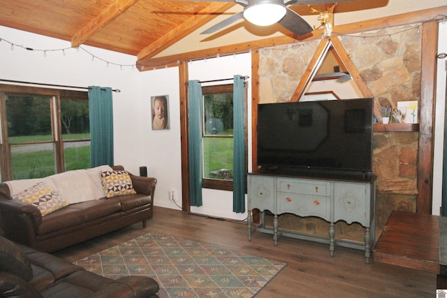 living room with ceiling fan, wooden ceiling, dark wood-type flooring, and lofted ceiling with beams