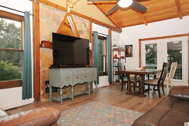 living room with ceiling fan, wood-type flooring, lofted ceiling with beams, and wood ceiling