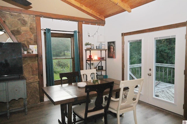 dining area with hardwood / wood-style flooring, vaulted ceiling with beams, wooden ceiling, and a healthy amount of sunlight