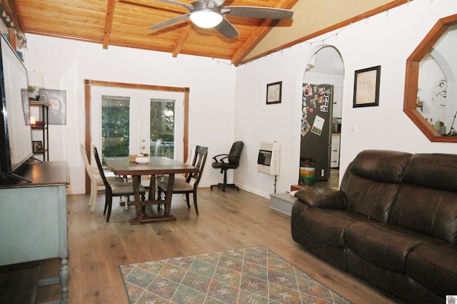 dining area with wood-type flooring, french doors, wooden ceiling, lofted ceiling with beams, and ceiling fan