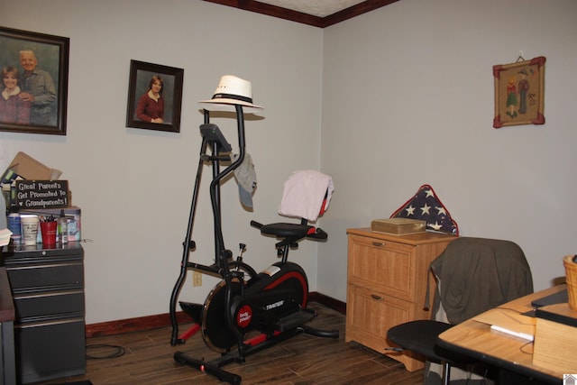 office space with dark wood-type flooring and crown molding