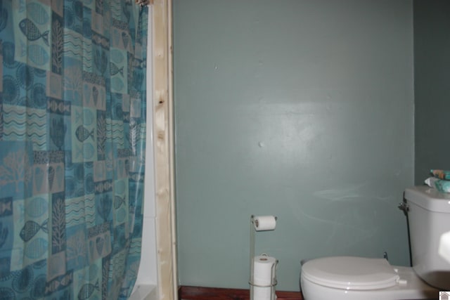 bathroom with a shower with shower curtain and toilet