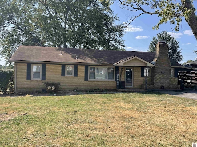 single story home featuring brick siding, a front lawn, and a chimney