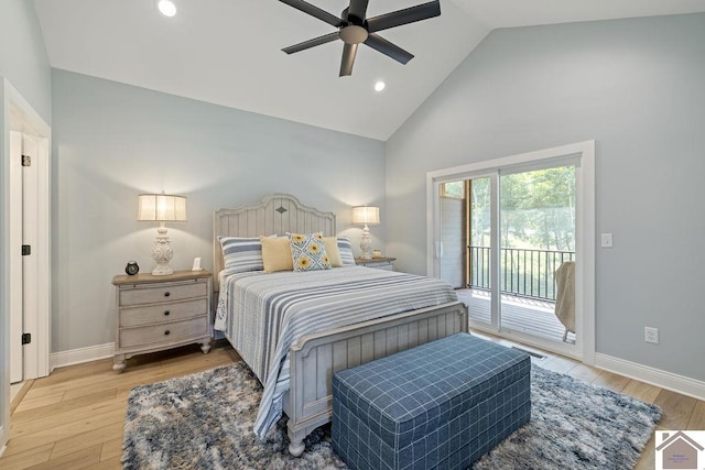 bedroom featuring high vaulted ceiling, wood-type flooring, access to exterior, and ceiling fan