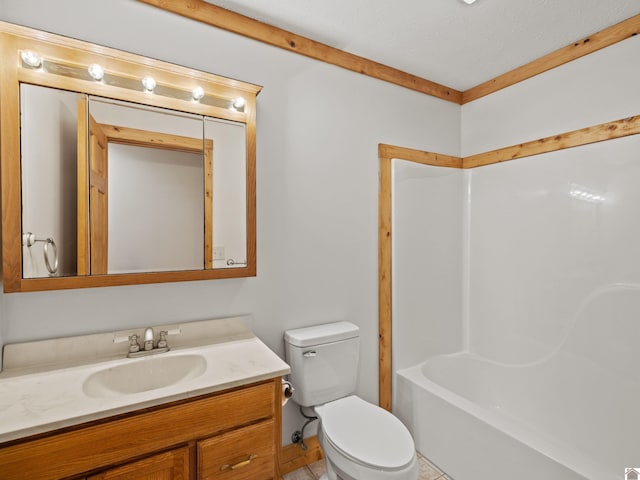 full bathroom featuring toilet, tile patterned floors, vanity, a textured ceiling, and  shower combination