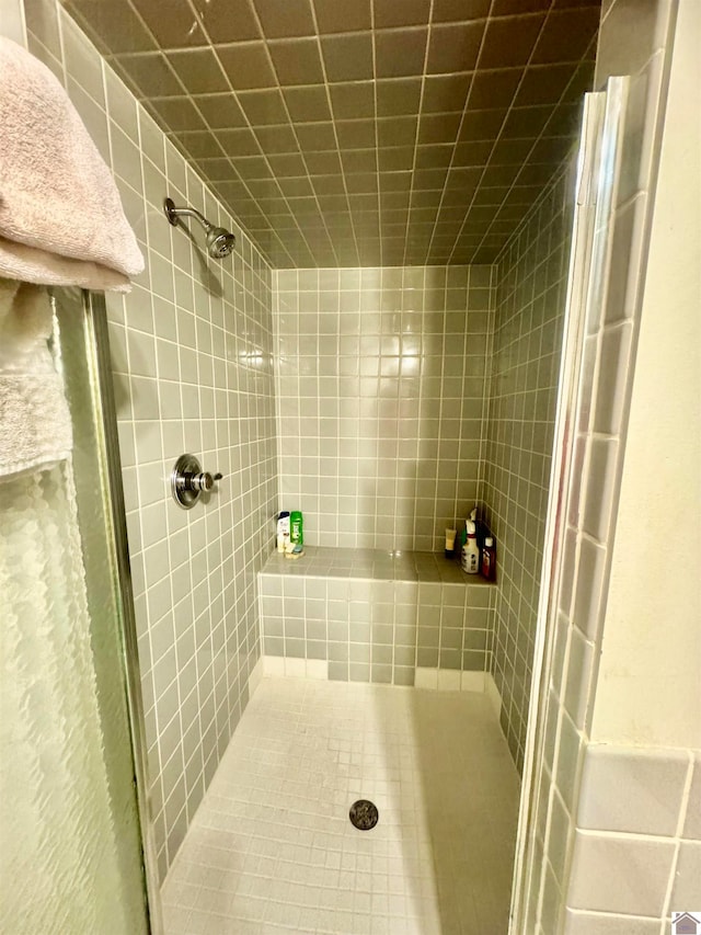 bathroom with a shower with door